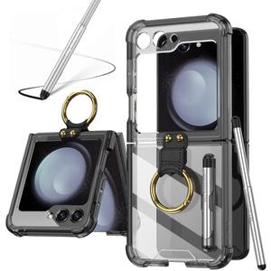 for Samsung Galaxy Z Flip 5 Clear Case with Pen and Ring,Ultra Thin Transparent Anti-Fall Phone Protective Cover for Samsung Galaxy Z Flip 5 5G (ZFlip5-Ring-Black)