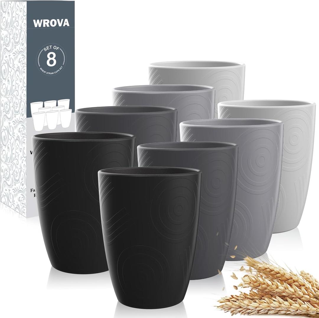 Wrova Wheat Straw Cups 8 PCS Good Alternative to Plastic Cups 12 oz Unbreakable Drinking Cup Reusable Dishwasher Safe Water Plastic Glasses Kids Tumbler with 4 Colors (Black, Deep Grey, Grey, Light Grey)