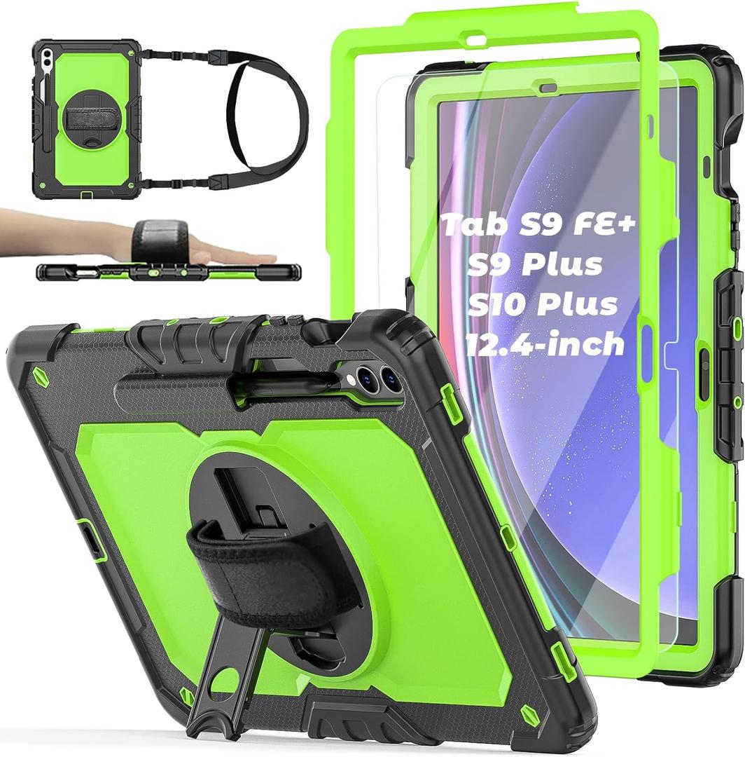 Case for Samsung Galaxy Tab S10 Plus/ S9 FE Plus/ S9 Plus 5G Tablet 12.4'', Shockproof Protective Cover with [Tempered Glass Screen Protector], Stand, Shoulder Strap & S Pen Holder (Green)