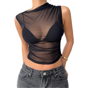 RoseSeek Women's Mesh See Through Tank Top Sleeveless Mock Neck Ruched Crop Tops Going Out Outfit (S)