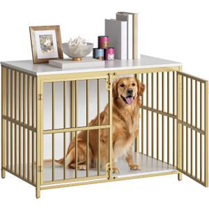 HOOBRO 38.6" Dog Crate Furniture, Wooden Dog Kennel Indoor, Heavy Duty Dog Cage for Small/Medium Dog, Decorative Side End Table, White and Gold DW100GW03