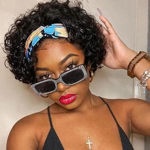 Flandi Short Culy Headband Wig Human Hair for Women Pixie Cut Headband Wig for Black Women Natural Black Pixie Cut Curly Wig for Women
