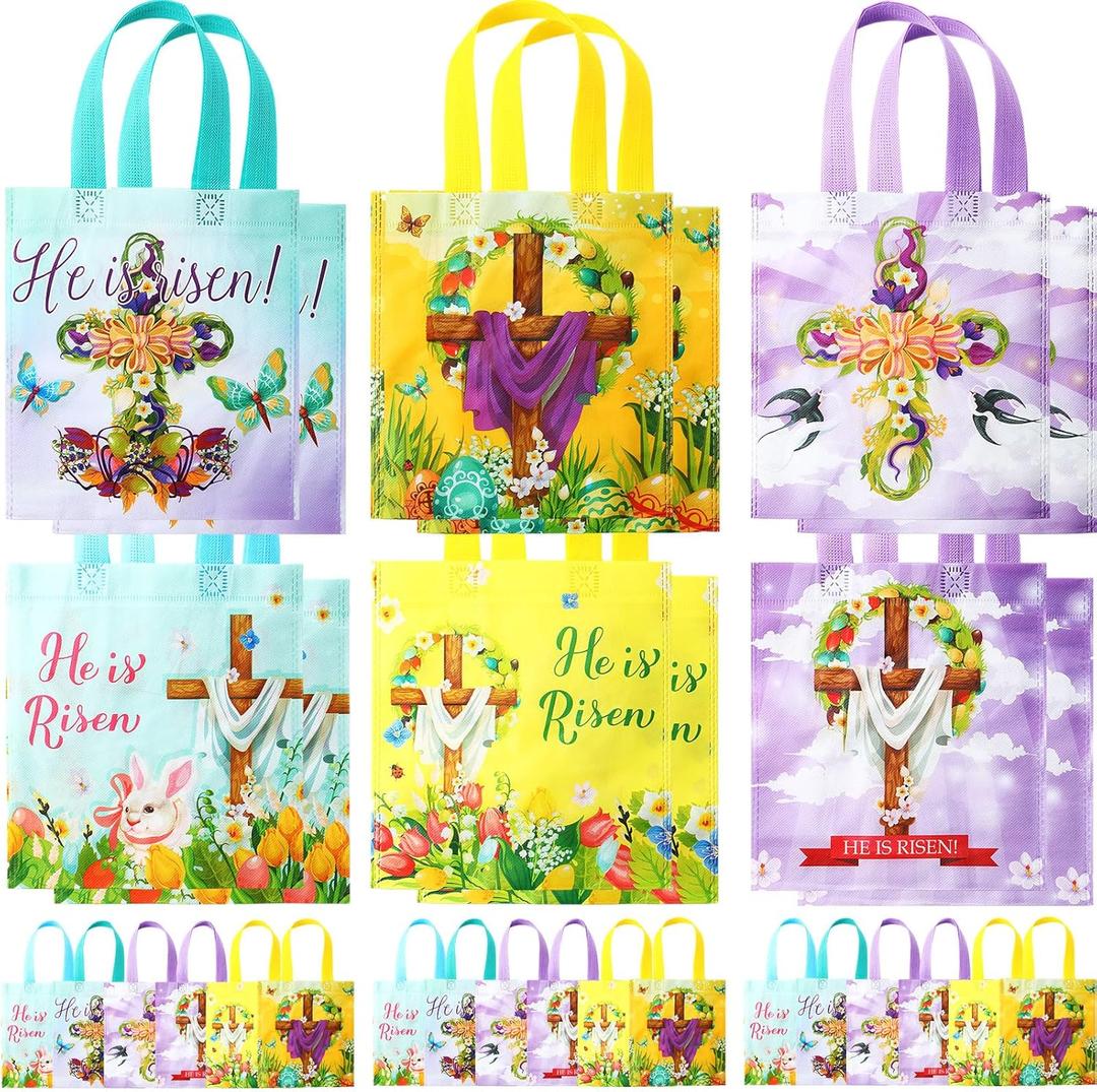 Wesnoy 30 Pcs Easter Gift Bags Bulk He Is Risen Religious Easter Bags with Handles Reusable Non Woven Treat Baskets for Church Goodie Party Supplies