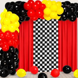 57 Pcs Race Party Decorations 2 Red and 1 Black and White Grid Curtains 50 Car Theme Balloons with Accessories for Cars Theme Birthday Party Photo Supplies