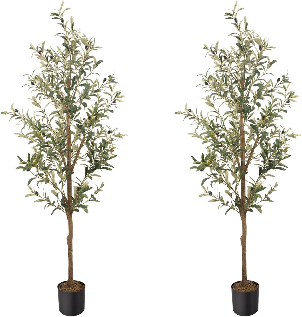 Artificial Fake Olive Tree 5FT Tall 2Pack Faux Silk Olive Tree for Home Living Room Office Decor Faux Artificial Plants Indoor Fake Potted Plants with Fruit & Free Moss