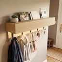 24" Wall Mounted Coat Rack with LED Light & Hidden Storage, Entryway Mail Organizer & Key Holder, Wooden Shelf with 5 Hooks for Hallway, Mudroom & Foyer, Light Oak Finish