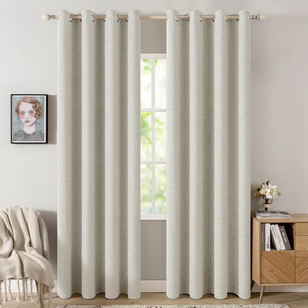 MIULEE Linen Texture 90 Inches Curtains for Bedroom Light Cream 100% Blackout Thermal Insulated Linen Curtains Grommet Room Darkening Drapes for Living Room Nursery 52x90 Inch (2 Panels)