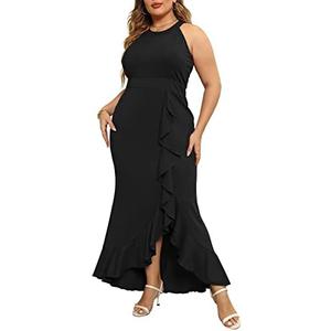 Keluummi Plus Size Formal Wedding Guest Long Dresses for Curvy Women, Halter Neck Empire Waist Mermaid Maxi Cocktail Gown, (18 Plus, Black)