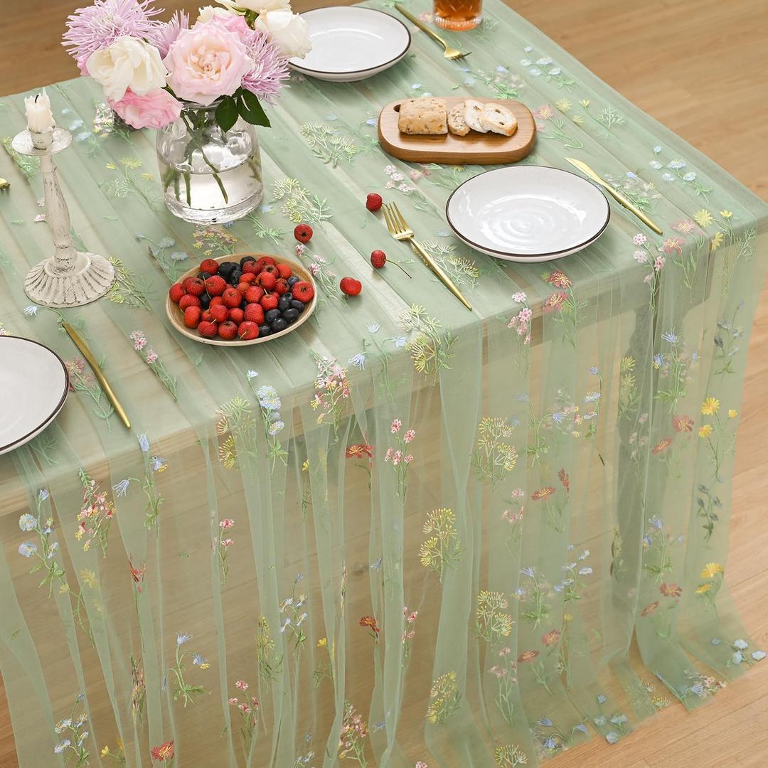 Horaldaily Embroidery Flower Plant Green Gauze Tablecloth 60120 Inch Rectangular, Spring Summer Tulle Table Cover, Garden Party Decorations for DIY, Wedding, Party, Holiday Dining Decor