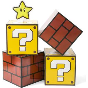 4PCS Big Party Boxes with 6 Set Centerpieces, Question Brick Boxes for Boys Grils Kids Birthday Party Decorations, Game Party Christmas Halloween Classroom Favors Supplies. (11.8 x 11.8 Inch)
