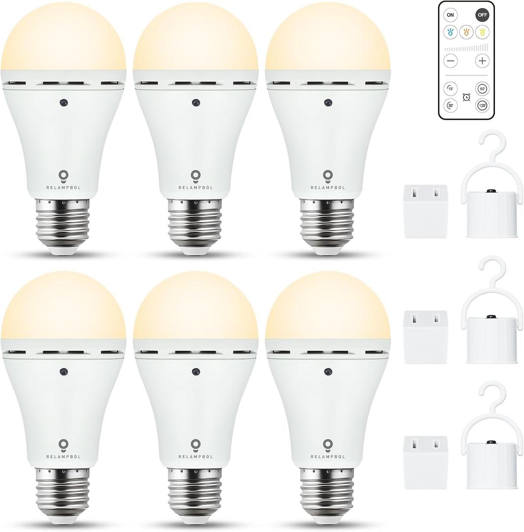 RELAMPBOL 6 Pack Rechargeable Emergency Light Bulbs with Remote Timer and 3 Color Temperatures, Battery Backup Bulb for Sconces and Lamps - Dimmable 9W Power Outage Blackout LED Bulbs