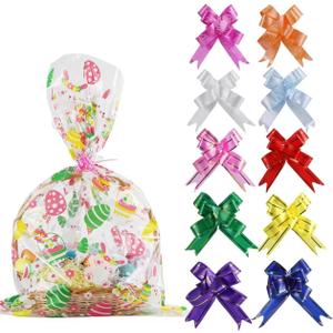 LOKIPA 10PCS Easter Basket Bags, Large Easter Basket Cellophane Bags with 10 PCS Colorful Pull Bow for Gifts Baskets Easters Party Favor Supplies(35.4X23.6 Inches)