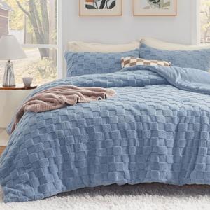 Bedsure Fluffy Queen Comforter Set, Ashley Blue Plush Fleece Bed Set, Checkered Farmhouse Boho Soft Warm Bedding for Winter, 3 Pieces, 1 Comforter (90"x90") and 2 Pillowcases (20"x26") (04 - Ashley Blue)