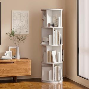 MXV Rotating Bookshelf, 360 Display 4 Tier, Small Bookshelf for Small Space, Floor Standing Bookcase Storage Rack, Wood Narrow Book Shelf Organizer for Bedroom, Living Room, Wood (White)