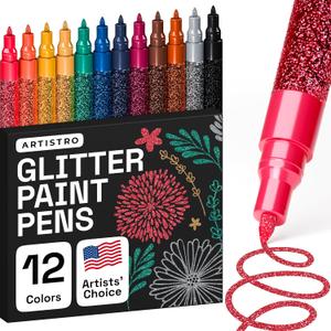 ARTISTRO 12 Glitter Paint Pens Sparkly and Shiny for Rock Painting, Stone, Ceramic, Glass, Wood, Fabric, Scrapbooking, DIY Craft Making, Coloring, Acrylic Glitter Markers Extra-Fine Tip 0.7mm