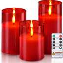 Homemory Red Glass Flameless Candles, Battery Operated LED Pillar Candles with Remote Control and Timer, Radiance Candles, Real Wax, Set of 3,D3 xH4 5" 6"
