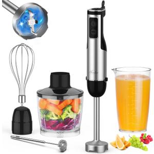Immersion Blender Handheld, 1100W 5-in-1 Multi-Purpose Hand Blender, 12-Speed Stick Blender, 600ml Beaker, 500ml Chopper, Egg Whisk, Milk Frother, Black