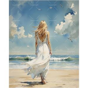 Beach Paint by Numbers Kit for Adults - DIY Woman in White Dress by The Sea Painting on Canvas, Acrylic Paint Set, Suitable for Beginners, Art for Home Decoration or Gifts(16X20IN Framed)