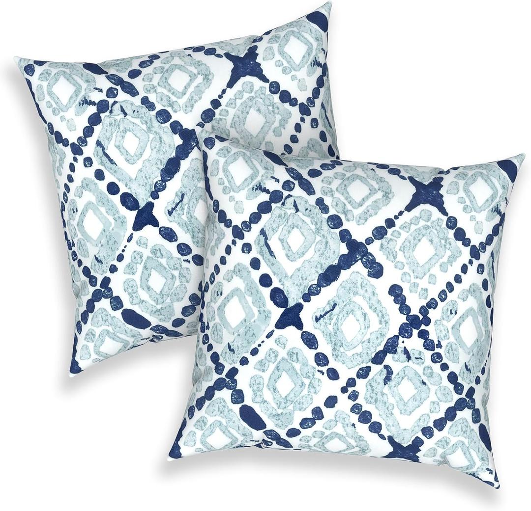 Outdoor Throw Pillows 16x16 Inch, Water Repellent Patio Pillows with Inners Set of 2 for Patio Furniture Home Garden, Boho Geometry Blue