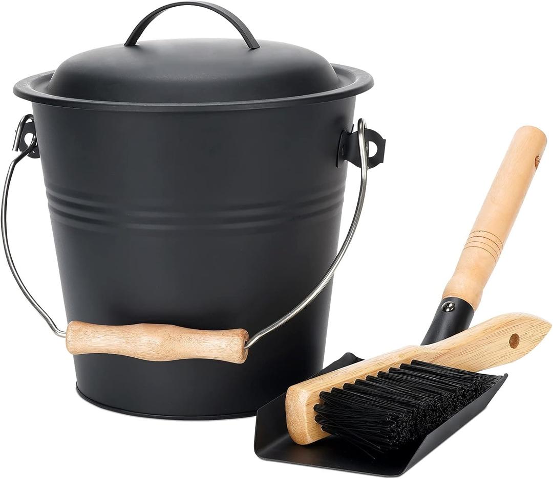 1.5-Gallon Metal Ash Bucket with Lid, Shovel, Broom - For Fireplaces, Wood Stoves