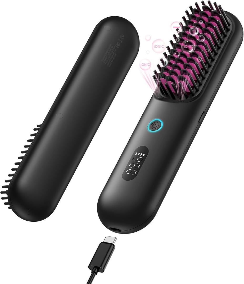 Cordless Hair Straightening Brush, Portable Straightening Brush for TravelPlasma Fast Heating Mini Thermal Hair Straightening Comb with LCD Display, Ceramic Coated Anti-Hot, Black