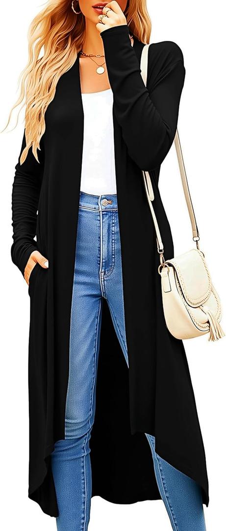 Newchoice Womens Long Cardigan Summer Casual Draped Open Front Lightweight Long Sleeve Cardigan Duster with Pockets (Black, S)