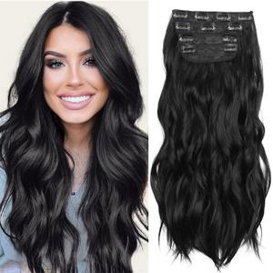 Black 20 Inch Thick Hairpieces Long Wavy Natural Synthetic Clip in Hair Extensions, for Women (4pcs, 20Inch, 1B#)