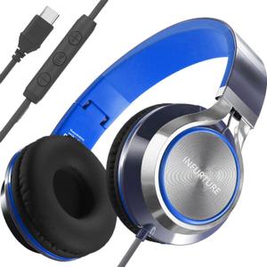 INFURTURE USB C Headphones Wired with Mic & Volume Control, Noise Isolating Over-Ear Headphones, Tangle-Free Plaiting Line, Foldable Headphone for School/Travel/iPad,Tablet,iPhone 17/16/15(Blue