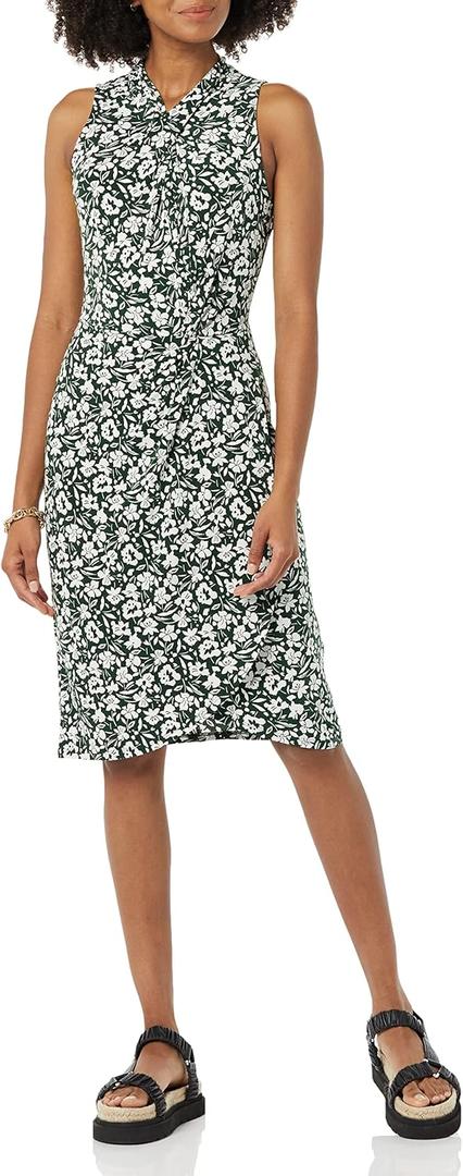 Amazon Essentials Women's Sleeveless Crossover Twist Neck Faux Wrap Dress (Dark Green Floral)