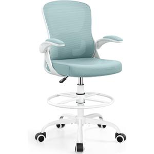 Drafting Chair Tall Office Chair for Standing Desk - Ergonomic Computer Work Stool with Lumbar Support, Flip-up Arms & Foot Ring. for Studio Artist Engineer Gaming Bar Study (Light Blue)