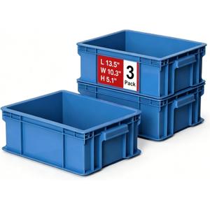 Heavy Duty Storage Bins, 3-Pack Stackable Tool Storage Box for Hardware, Screws, Nuts and Bolts, Space-Saving Straight Wall Container for Garage, Workshop & Factory, 13.5"L 10.3"W 5.1"H, Blue
