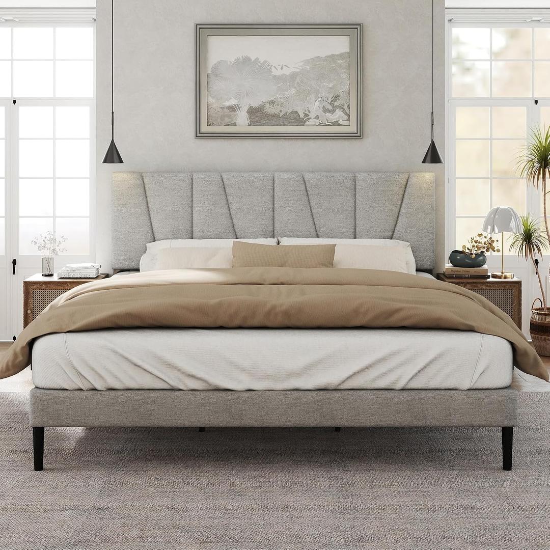 HAOARA Queen Size Bed Frame with Fabric Upholstered Headboard, Platform Bed with Wooden Slats Support, Fully Mattress Foundation, Box Spring Optional, Easy Assembly, Light Grey