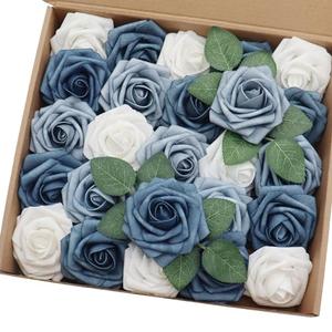J-Rijzen Artificial Flowers 25PCS Real Looking White & Dusty Blue Shades Fake Roses with Stem for DIY Wedding Bouquets Centerpieces Baby Shower Party Home Decorations