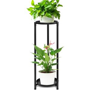 2 Tier Round Tall Metal Plant Stand indoor outdoor, Rustproof Round Planter Display Storage Rack, Heavy Duty Potted Holder for Home Garden Patio Bathroom Living Room(Black)
