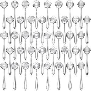 Eboot 40 Pcs Silver Flower Teaspoon Stainless Steel Tea Party Spoons Mini Cute Teaspoon Stirring Coffee Sugar Drink Demitasse Espresso Spoons for Bridal Shower Wedding Party Favors Decorations