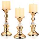 OwnMy Set of 3 Rose Gold Metal Pillar Candlestick Holders Brass Pillar Candle Holders for 3 Inch Candles, Elegant Metal Crystal Candle Stands for Dining Table, 6.7"+8.3"+9.3" Height Set