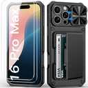 BXYJY for iPhone 16 Pro Max Case Wallet with Screen Protector (Tempered Glass), Card Holder (45 Cards), Slide Camera Cover, Military Grade Drop, Heavy Duty Men Women Case for iPhone 16 Pro Max, Black