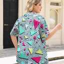 Plus Size 80s 90s Outfits for Women 90s Theme Party Disco Shirt 80s Hawaiian T-Shirt Retro Neon Button Down Blouse Tops (XXL)