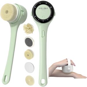 Electric Body Brush with 5 Heads 4 Speeds Digital Display for Shower, Handhels & Long Handle Waterproof, Overweight Person Deep Cleansing Whole Body, Exfoliating & Massaging All Skin Types (Green)