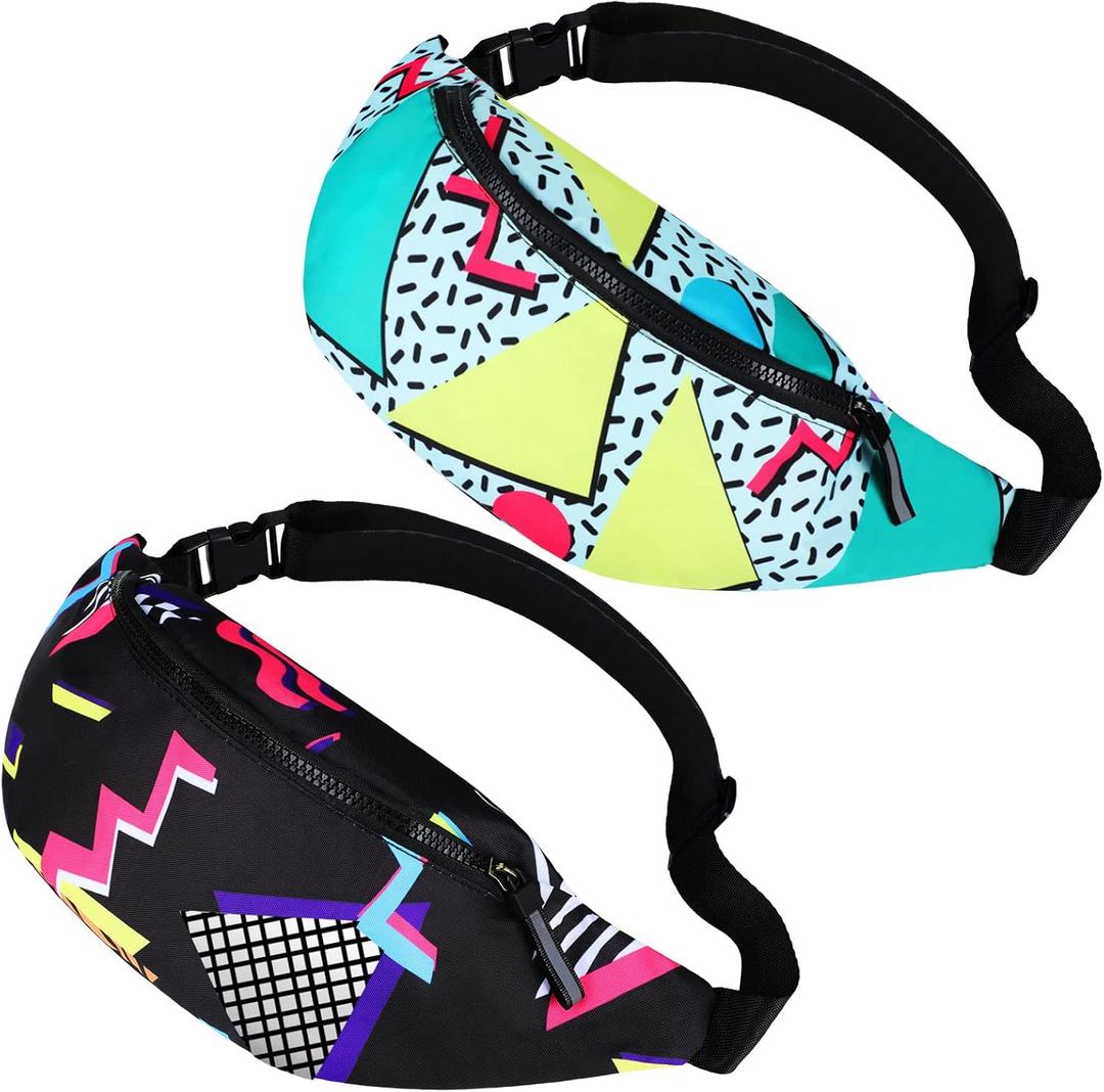Sotiff 2 Pcs 80s 90s Fanny Pack Retro Waist Packs for Men Women Adjustable Casual Waist Bag Neon Cute Vintage Hiking Belt Bags for Travel Party Festival Hiking(Classic Style)