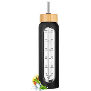 32 oz Glass Water Bottle with Straw - Motivational Time Marker & Silicone Sleeve - Reusable Tumbler Includes 2 Bamboo Lids & Fruit Infuser - 1 Pack