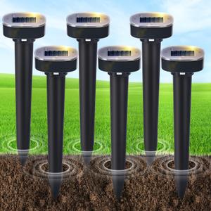 6 Pack Mole Repellent Solar Powered, Snake & Skunk & Vole & Gopher & Armadillo & Rabbit & Groundhog & Chipmunk & Raccoon Repellent for Yard, IP65 Waterproof Ultrasonic Deterrent for Lawns Garden