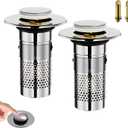 Universal Pop-Up Bathroom Sink Stopper, Stainless Steel Drain Strainer with Removable Filter Basket for 1.1"-2.36" Basin, Push-to-Bounce Core, Bathroom Sink Plug, Hair Catcher, 2 Pack (Abs+stainless-circular Netting)