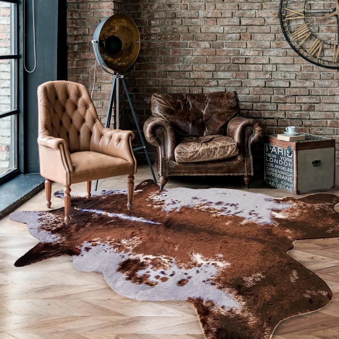 Faux Fur Cowhide Rug 5.6 x 7.3 ft, Cow Print Area Rug Cute Animal Printed Carpets for Bedroom Living Room Rustic Western Home Decor, No Shedding and Easy to Clean