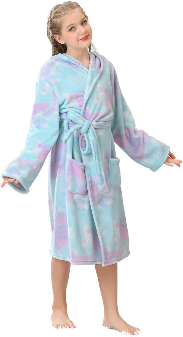 V.&GRIN Girls Fleece Robes, Hooded Plush Soft Fuzzy Warm Fluffy Bathrobe for Kids 13-14 Years (Candy)