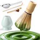 Matcha Whisk Set: Matcha Set with Bamboo Matcha Whisk and Ceramic Holder,Bamboo Scoop+Wooden Spoon,Scoop Holder,Sifter - Cute Matcha Tea Set - 6 Pcs Matcha Kit - Tools for Matchas Ceremonial Grade Kit