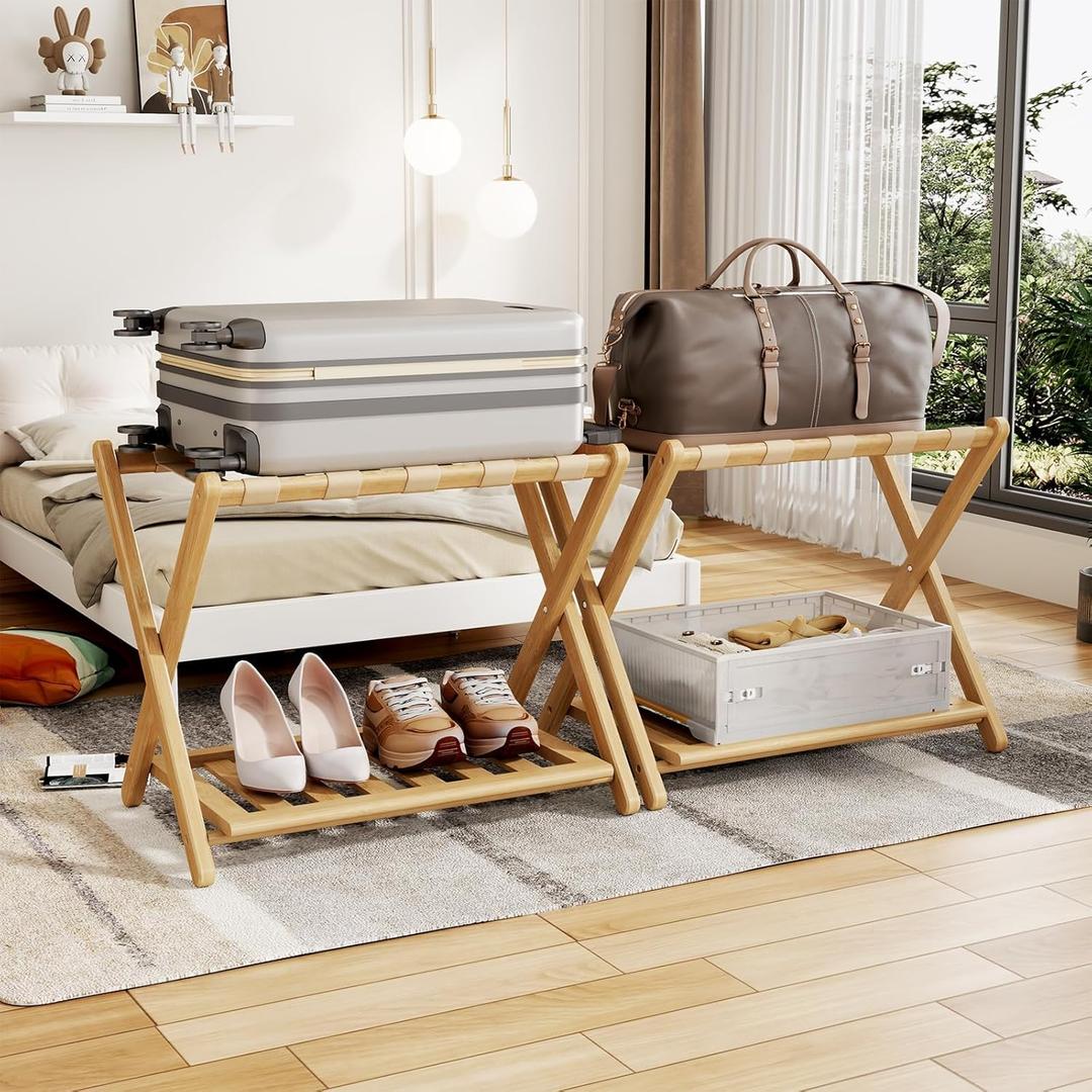 Full Assembled 26.77"L Luggage Rack for Guest Room, Set of 2 Foldable Suitcase Stand with 5 Nylon Straps, Luggage Holder with Shoe Shelf for Suitcases Hotel (Natural Wood Bamboo Luggage Stands)