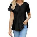 Pleated Tops for Women Loose Fitting Womens T Shirts Short Sleeve Pleated Dressy Tunic Casual V Neck Summer Tops Black 2XL