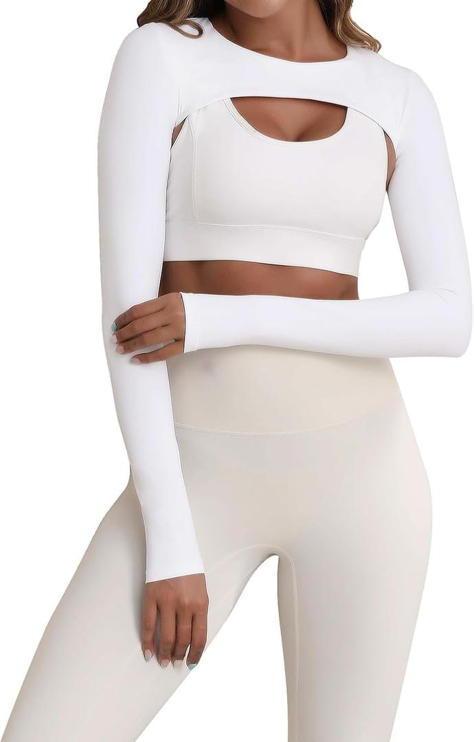 Hiball Workout Bolero Shrug Crop Top Long Sleeve Women, Sports Shrug Cropped Shirts, Cooling Shawl Arm Sleeves (White, L)