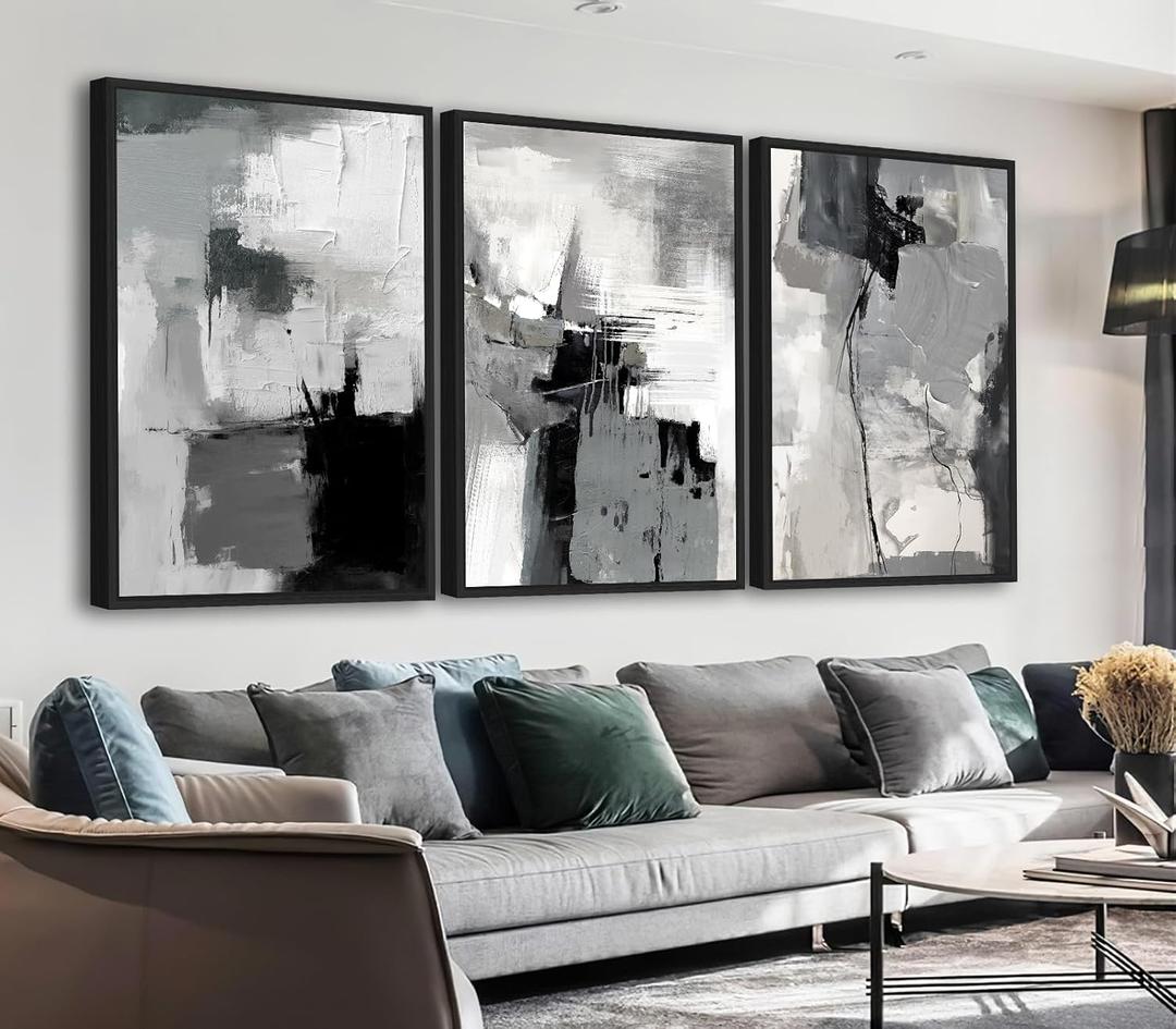 Large Framed Canvas Wall Art, Retro Grey Graffiti Pictures, 16"x24"x3, 16" X 24" X 3pcs Framed